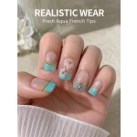 Aqua‑Bloom 3D White Floral Press‑On Nails, Short Square Handmade False Nails with French Tips, Gold Chain & Rhinestones